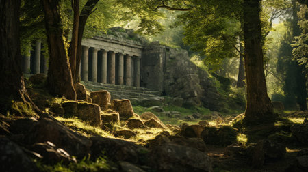 Temple in forest sunlight filtering onto ancient stonesの素材