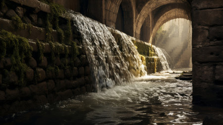 Roman aqueduct's source mountain spring gushing into collection basinの素材