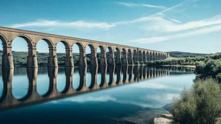 Roman aqueduct's reservoir clear water reflecting lush vegetationの素材