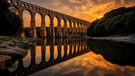 Roman aqueduct's towering pillars reflected in calm riverの素材