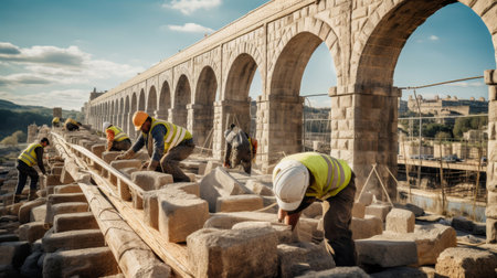 Roman aqueduct's construction site skilled laborers craft stone blocksの素材