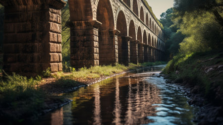 Roman aqueduct's water flowing through graceful arches dappled shadowsの素材
