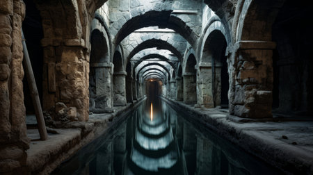 Roman aqueduct's underground chamber checks and repairs channelsの素材