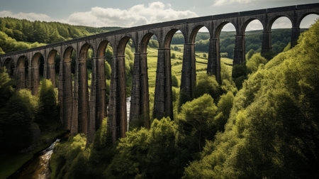 Roman aqueduct's network of stone channels and arches water in countrysideの素材