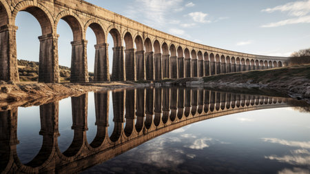 Roman aqueduct's towering arches mirrored in pondの素材