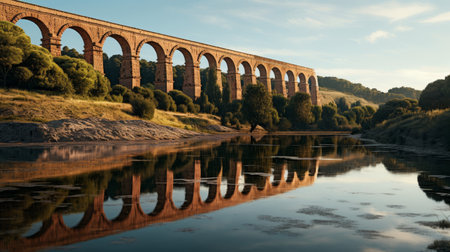 Roman aqueduct's reservoir crystal-clear water reflecting lush vegetationの素材