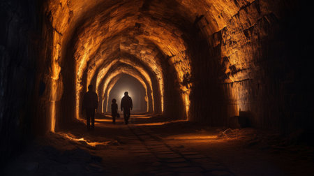 Roman aqueduct's underground tunnels lit by flickering torchesの素材