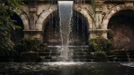 Roman aqueduct's water cascades down fountain creating soothing soundの素材