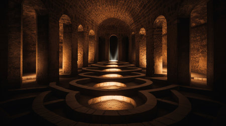 Concealed labyrinth under Roman temple where initiates explore spiritual pathsの素材