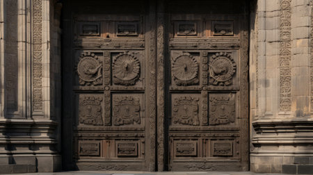 Intricately carved bronze doors guard entrance to Roman temple's sacred spaceの素材