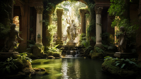 Sacred spring in Roman temple amidst lush gardens and serene statuesの素材