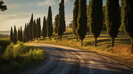 Roman road in sun-drenched Italian countryside flanked by tall cypress treesの素材