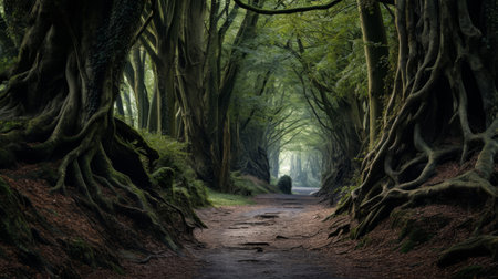 Roman road intertwined with roots of ancient trees in enchanted forestの素材
