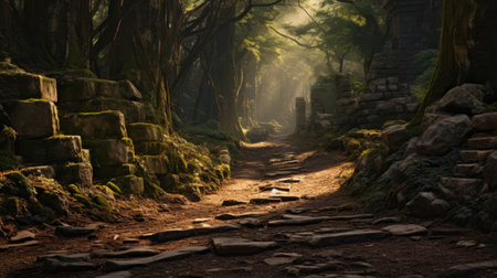 Roman road leading to ancient temple hidden in mystical forestの素材