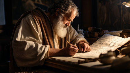 Hellenistic philosopher transcribing insights on adorned parchment scrollsの素材