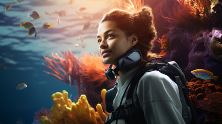 Pioneering Woman in Ocean Conservation female marine biologist protecting coral reef habitatsの素材