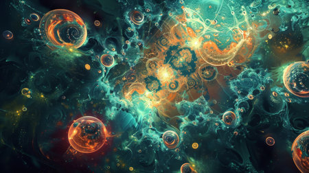 Techno-organic hybrids emerging from a digital primordial soup symbolizing biology-tech fusion backgroundの素材