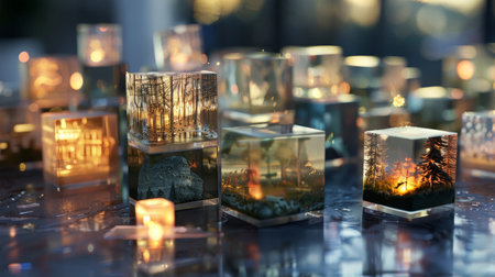 Transparent cubes hold miniature worlds of tech advancementの素材