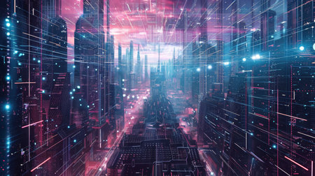 Digital tapestries depict futuristic cities and alien worlds backgroundの素材