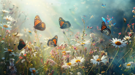 Butterflies dance among the flowers backgroundの素材