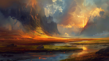 Ancient power aura infuses landscape with reverence backgroundの素材