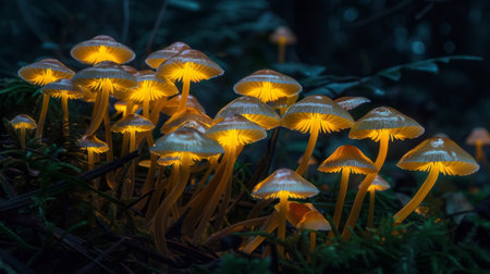 Luminescent mushrooms illuminate the undergrowth backgroundの素材