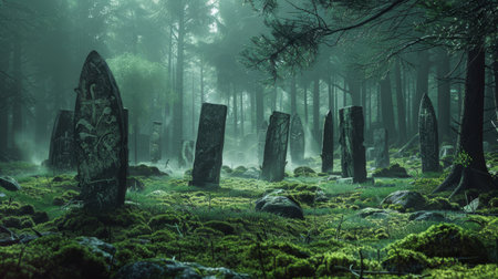 Enigmatic standing stones rise from forest floor ancient carvings hint wallpaperの素材