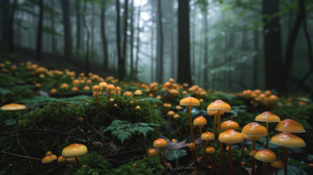 Luminescent mushrooms carpet forest floor soft glow guides travelers' path wallpaperの素材