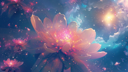 Cosmic flora bloom in celestial garden radiant petals shimmer with distant stars' light wallpaperの素材