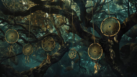 Dreamcatchers hang from ancient tree limbs intricate weavings capture nightmares turn them into dreams wallpaperの素材