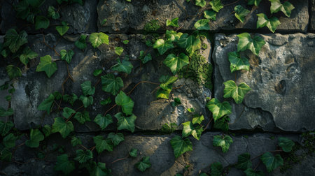 Delicate ivy creeping over weathered stone adding life wallpaperの素材