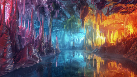 Shimmering stalactites and stalagmites in surreal cavernの素材