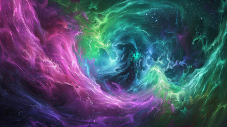 Abstract aurora borealis with emerald green and amethyst swirls against cosmic dustの素材