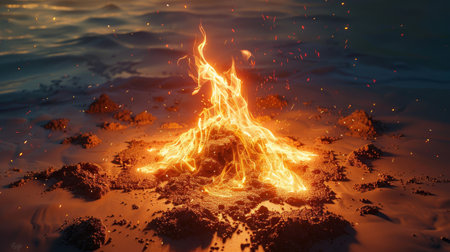 Surreal beach bonfire with dancing flames and abstract shadows backgroundの素材