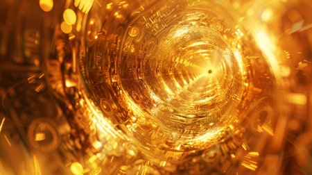 Swirling vortex of golden coins and bills with reflections of wealth backdropの素材