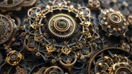 Artistic mandala of gears and cogwheels with intricate golden accents and filigreeの素材