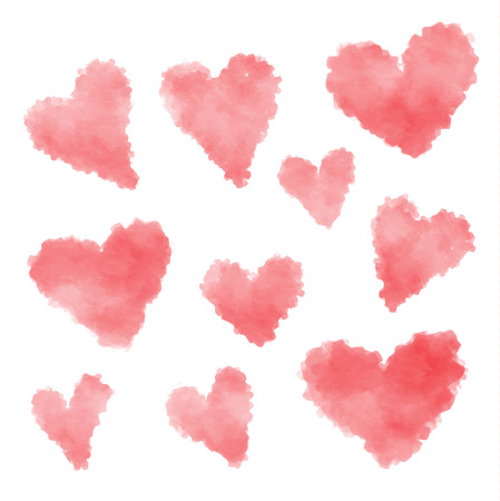 Set of watercolor hearts. Love card with red watercolor vector hearts.のイラスト素材