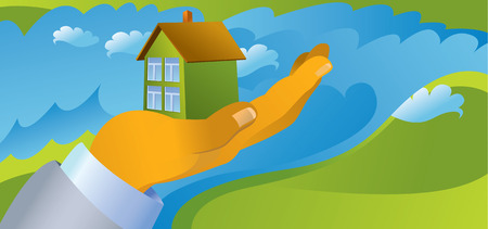 man\'s hand holding house in landscape vector illustrationのイラスト素材