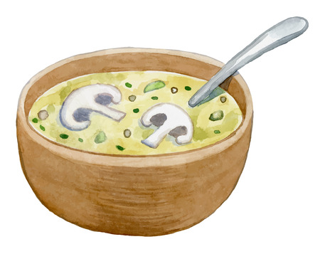 clay bowl with mushroom cream soup - healthy food- watercolor vector drawingのイラスト素材