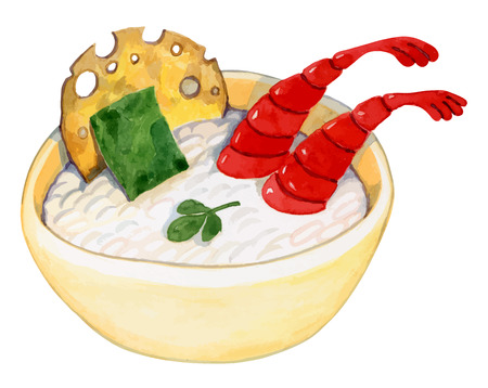 bright plate with white plus rice seaweed shrimp and cakes - healthy food - watercolor vector drawingのイラスト素材