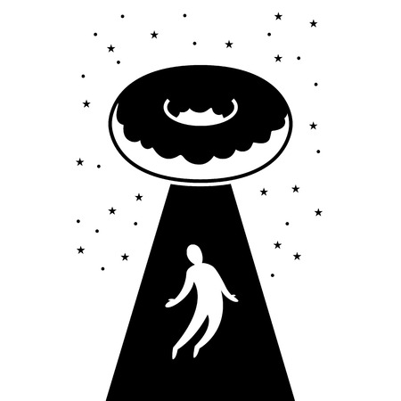 UFO  Flying donut takes man in beam of light on the background of the skyのイラスト素材
