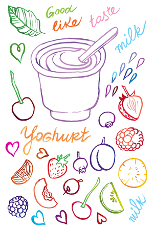 hand drawing vector illustration of yogurt and spoon with different fruitsのイラスト素材