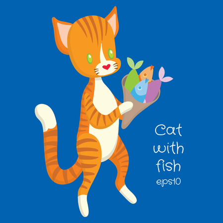red cat carry fish in the packageのイラスト素材