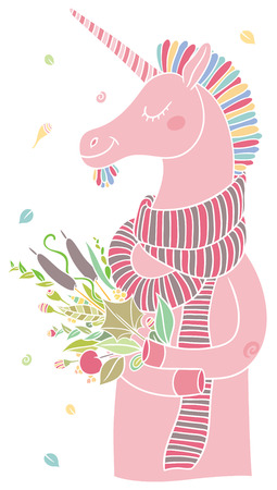 cute cartoon unicorn in a scarf with autumn bouquet of plants in hoovesのイラスト素材