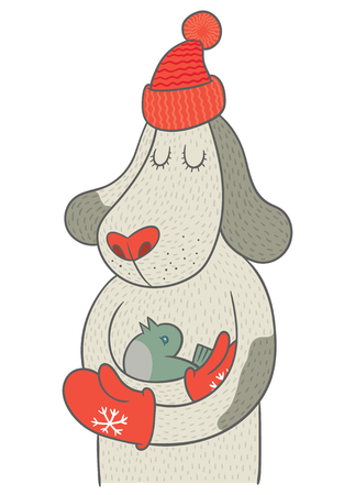 Cute dog in cap and mittens holding cute little bird - vector hand drawing illustrationのイラスト素材