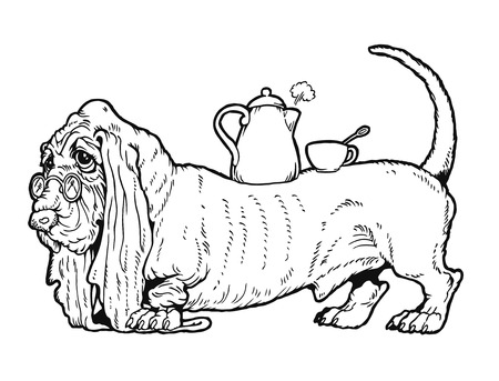 Basset Hound with a tea kettle and a cup on the his back. From a series of images of funny dogs.のイラスト素材