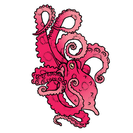 cartoon octopus characters with curling tentacles swimming underwater, isolated on white original illustrationのイラスト素材