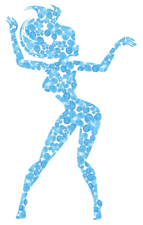 silhouette of dancing girl filled with flowers - hand drawing watercolor vector illustrationのイラスト素材