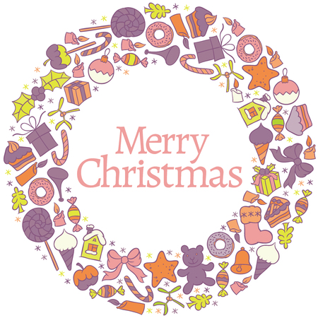 Merry Christmas greetings illustration - vector design happy new year card frame christmas wreathのイラスト素材