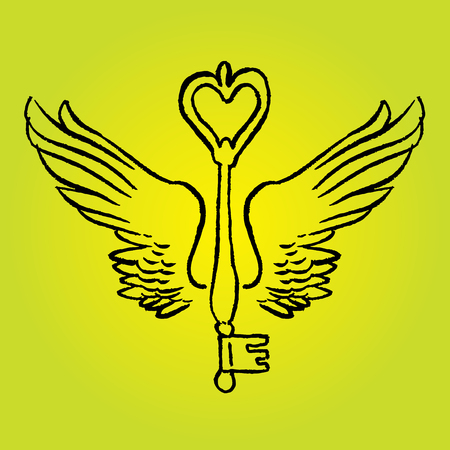 Key with romantic wings - vector hand drawingのイラスト素材